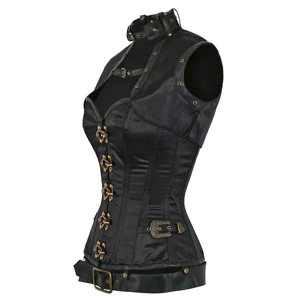 Corset Lucette Steampunk en satin noir avec boléro