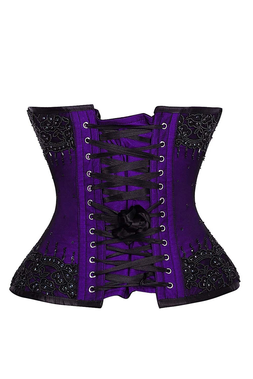 Corset couture Faryn en satin violet avec superposition de dentelle