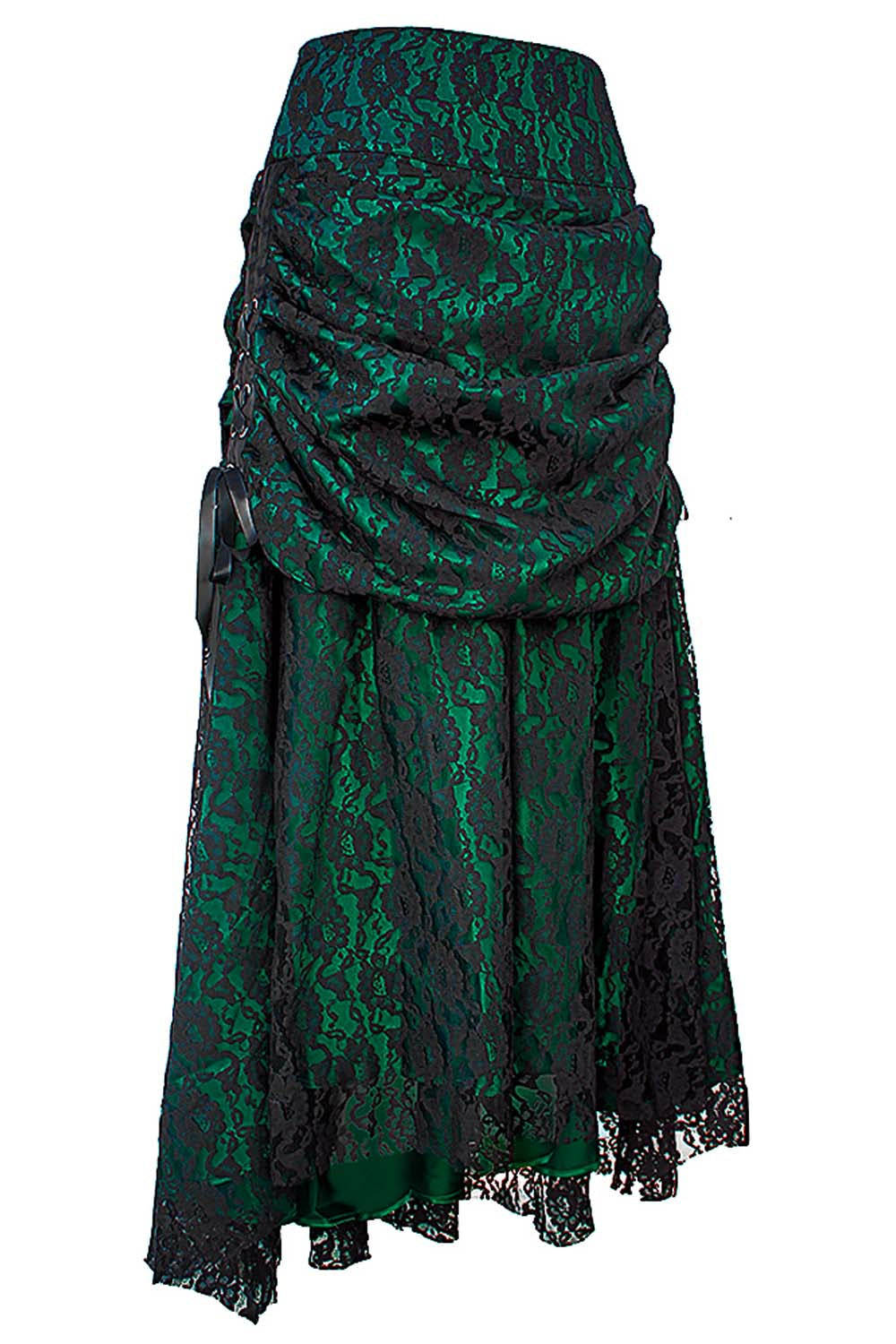 Jupe à tournure gothique Brandyn en satin avec superposition de dentelle